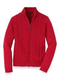 Cotton Full Zip Mock Neck Sweater - Red