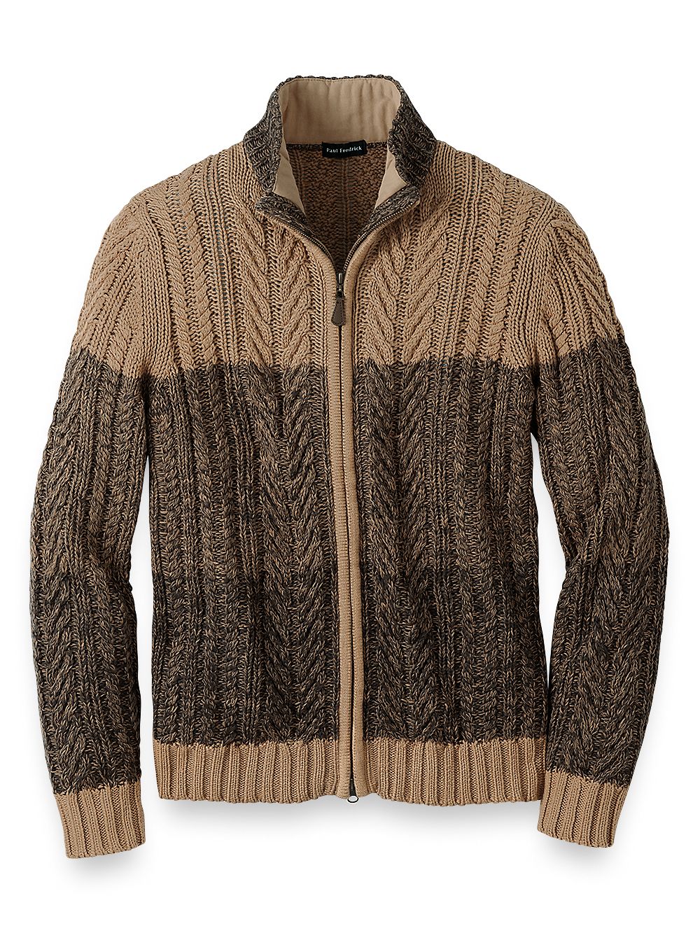 Product Image of Cotton Full Zip Mock Neck Sweater-Black/Brown