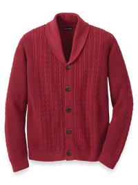 Cotton Cable Button Front Shawl Collar Cardigan - Burgundy