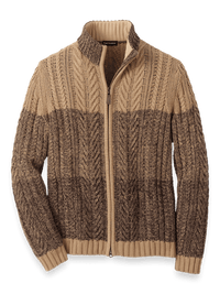 Cotton Cable Full Zip Mock Neck Sweater - Brown