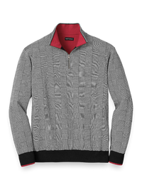 Cotton Zip Mock Neck Sweater - Black/white Glen Plaid