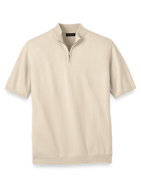 Cotton Quarter Zip Mock Neck Sweater - Light Tan