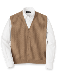 Cotton Button Front Cardigan Vest - Camel
