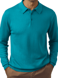 Silk, Cotton & Cashmere Long Sleeve Polo - Aqua