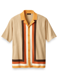 Cotton Button Front Camp Collar Sweater - Tan Multi