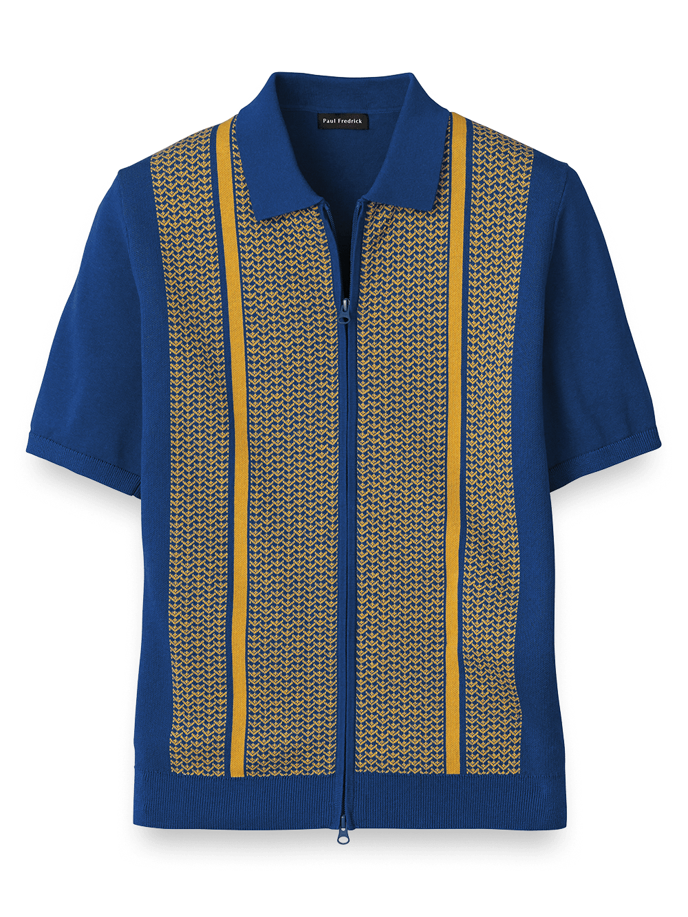 Product Image of Cotton Full Zip Polo-Cobalt/Yellow