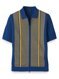 Cotton Full Zip Polo - Cobalt/yellow