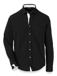 Cotton Blend Button Front Polo - Black