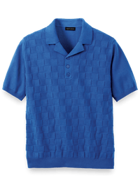 Cotton Three Button Camp Collar Sweater - Cobalt