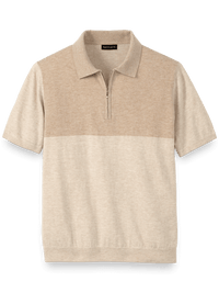 Cotton Blend Quarter Zip Polo - Tan