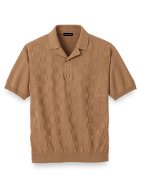 Cotton Three Button Camp Collar Sweater - Light Brown