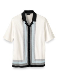 Cotton Button Front Camp Collar Sweater - White/black