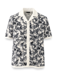 Linen Blend Button Front Camp Collar - Black/white