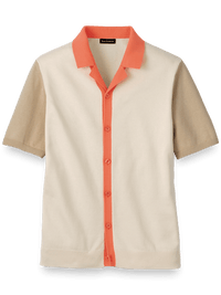 Cotton Button Front Camp Collar Sweater - Ivory/coral