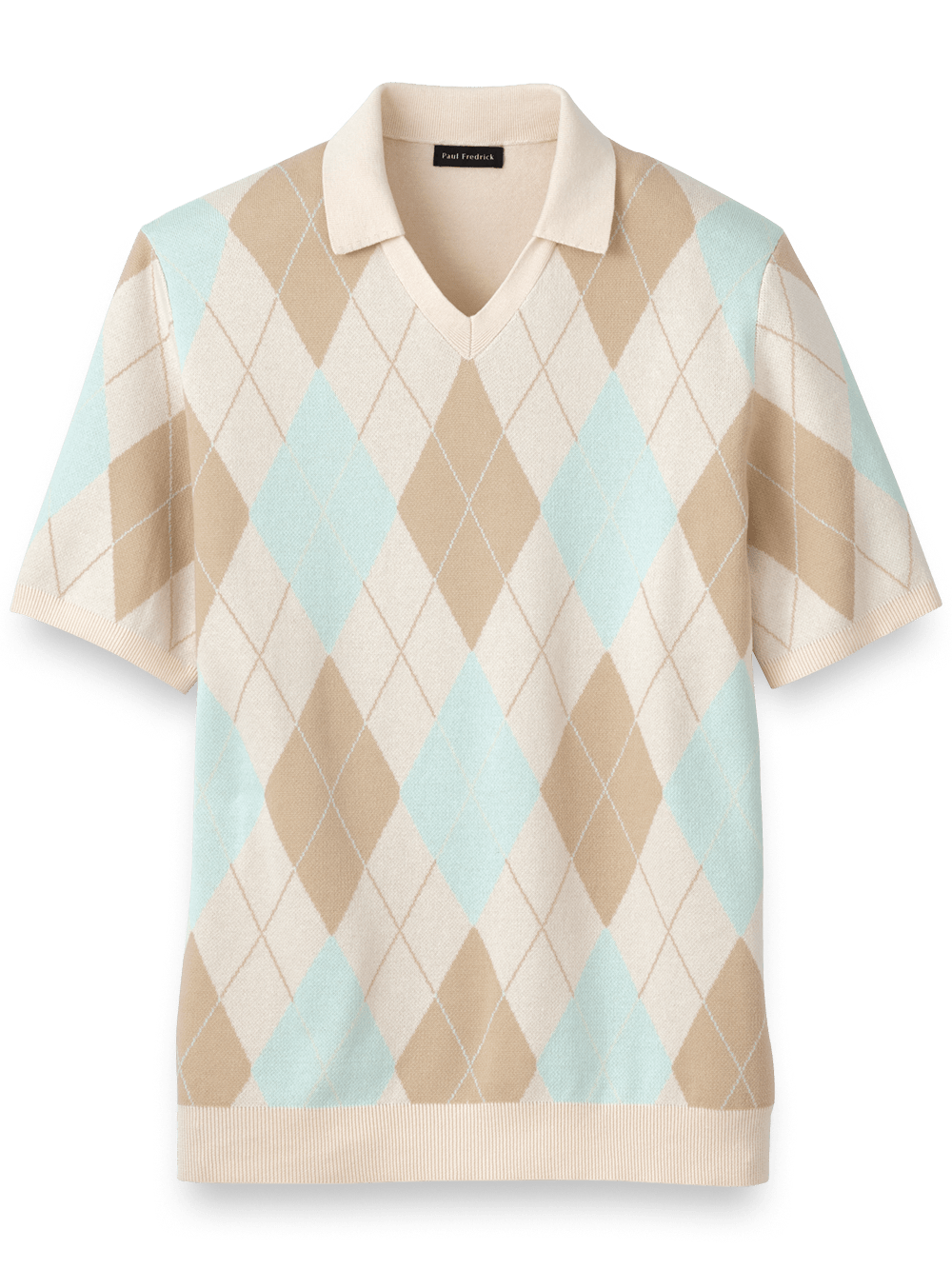 Product Image of Cotton V-neck Polo-Ivory/Aqua
