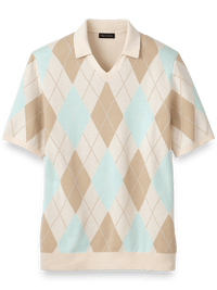Cotton V-neck Polo - Ivory/aqua