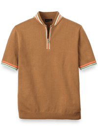 Cotton Quarter Zip Crew Neck Sweater - Brown