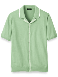 Cotton Button Front Camp Collar Sweater - Green