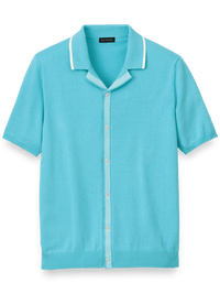 Cotton Button Front Camp Collar Sweater - Aqua