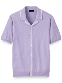 Cotton Button Front Camp Collar Sweater - Lavender