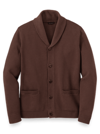 Cotton Button Front Shawl Collar Cardigan - Dark Brown