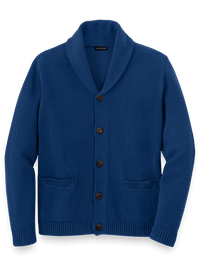 Cotton Button Front Shawl Collar Cardigan - Navy