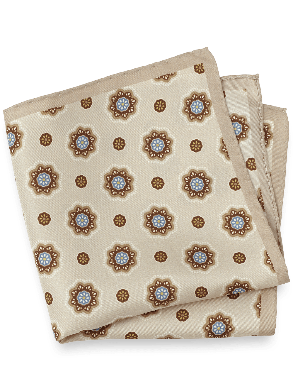 Product Image of Medallion Silk Pocket Square-Tan/Blue