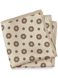 Medallion Silk Pocket Square - Tan/blue