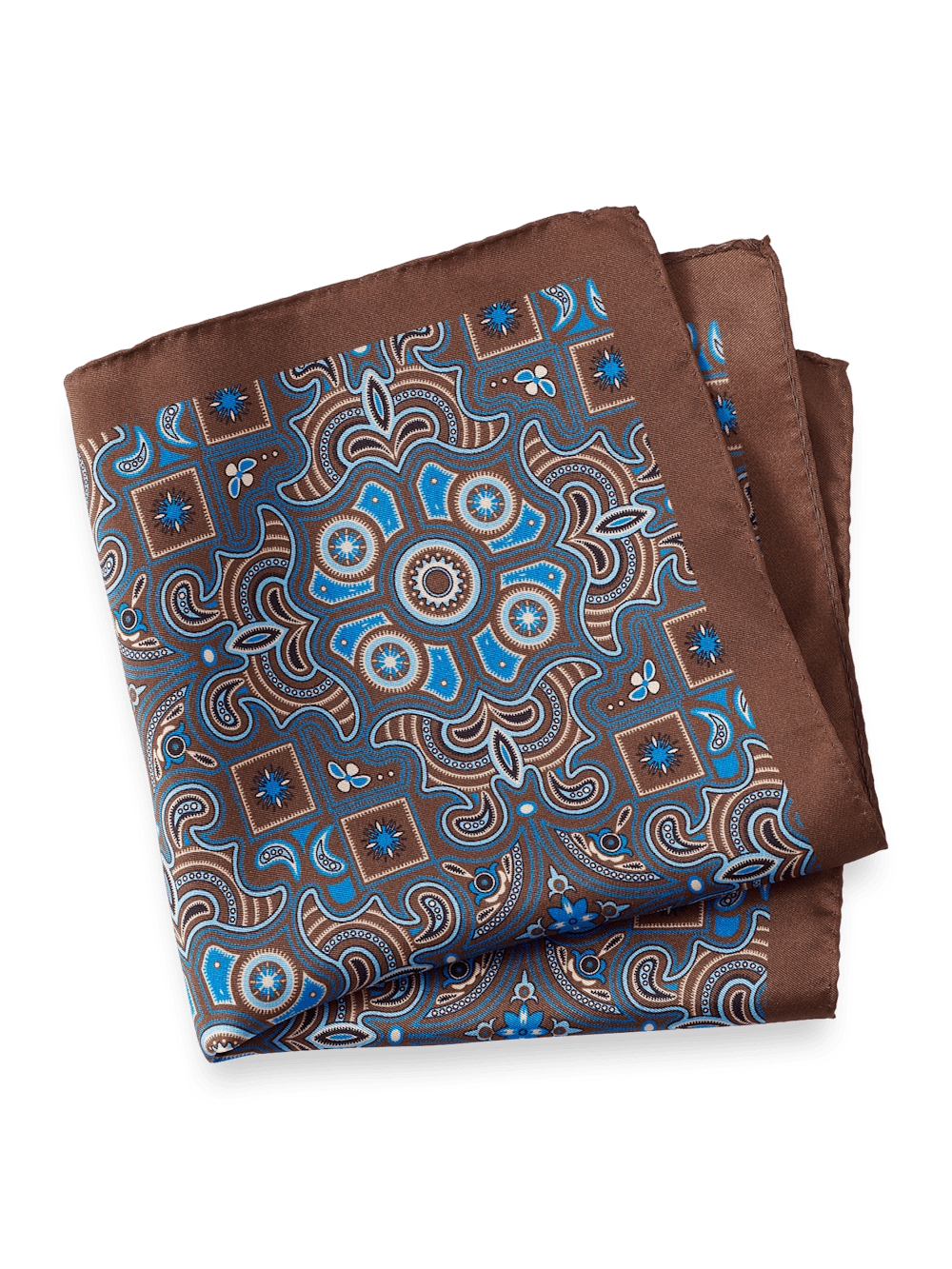 Product Image of Medallion Silk Pocket Square-Brown/Blue