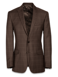 Classic Fit Essential Wool Peak Lapel Side Vents Suit Jacket - Brown Windowpane