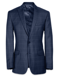 Classic Fit Essential Wool Peak Lapel Side Vents Suit Jacket - Navy Windowpane