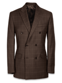 Classic Fit Essential Wool Double Breasted Peak Lapel Suit Jacket - Brown Windowpane