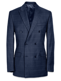 Classic Fit Essential Wool Double Breasted Peak Lapel Suit Jacket - Navy Windowpane