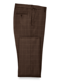 Tailored Fit Essential Wool Flat Front Pants - Brown Windowpane