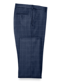 Tailored Fit Essential Wool Flat Front Pants - Navy Windowpane