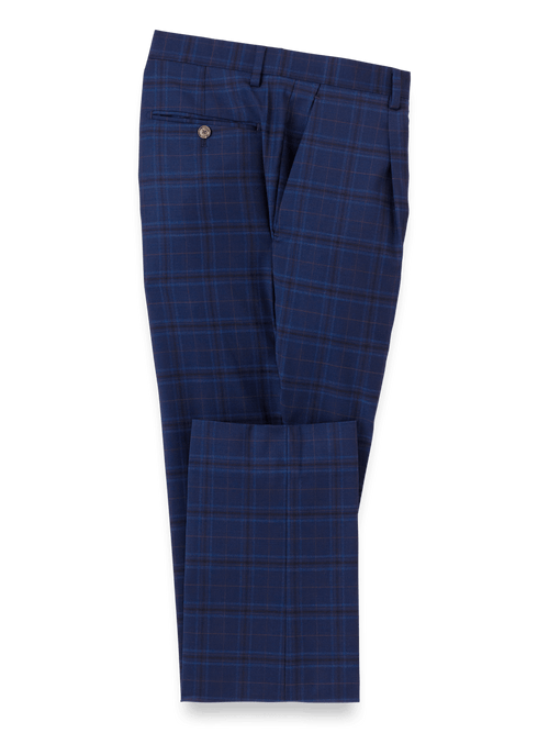Wool Stretch Plaid Single Pleat Suit Pants - Blue