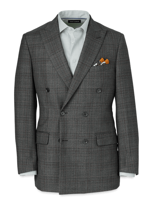 Wool Plaid Double Breasted Peak Lapel Suit Jacket - Charcoal