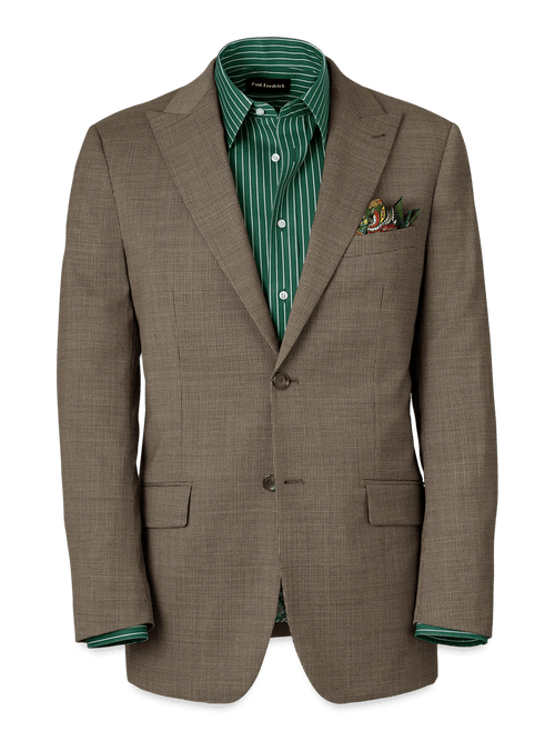 Wool Stretch Micro Check Peak Lapel Suit Jacket - Light Brown