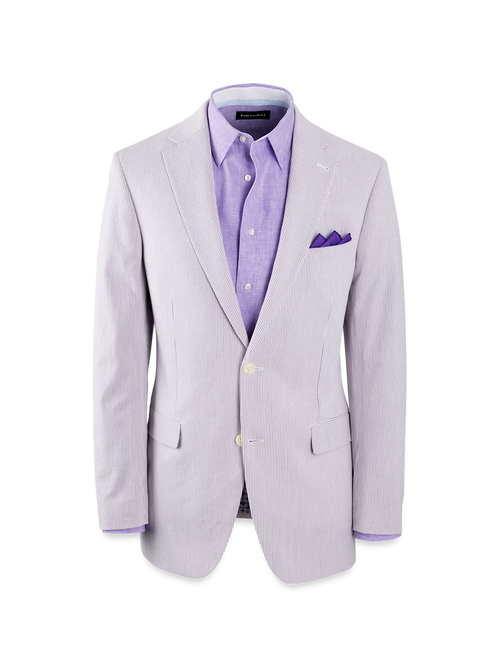 Cotton Stretch Stripe Seersucker Single Breasted Notch Lapel Suit Jacket - Purple/white