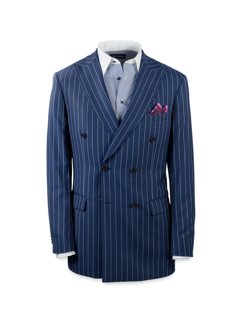 Wool Stretch Stripe Double Breasted Peak Lapel Suit Jacket - Blue