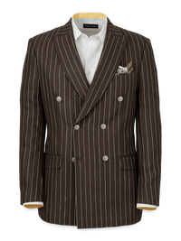 Linen Pinstripe Double Breasted Peak Lapel Suit Jacket - Dark Brown