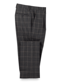Wool Stretch Windowpane Single Pleat Suit Pants - Grey