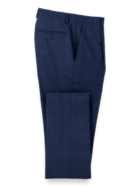 Wool Stretch Windowpane Single Pleat Suit Pants - Navy