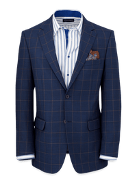 Wool Stretch Windowpane Notch Lapel Suit Jacket - Navy