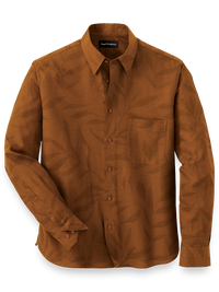 Cotton Solid Leaf Jacquard Casual Shirt - Caramel