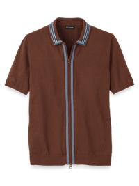 Cotton Full Zip Polo - Brown