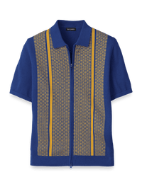 Cotton Full Zip Polo - Cobalt/yellow