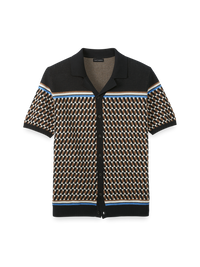 Cotton Button Front Camp Collar Sweater - Black/brown