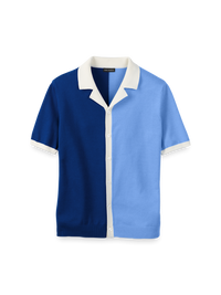 Cotton Button Front Camp Collar Sweater - Blue